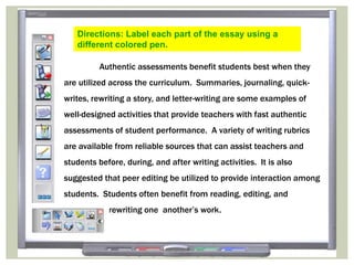 Directions: Label each part of the essay using a
    different colored pen.

          Authentic assessments benefit students best when they
are utilized across the curriculum. Summaries, journaling, quick-
writes, rewriting a story, and letter-writing are some examples of
well-designed activities that provide teachers with fast authentic
assessments of student performance. A variety of writing rubrics
are available from reliable sources that can assist teachers and
students before, during, and after writing activities. It is also
suggested that peer editing be utilized to provide interaction among
students. Students often benefit from reading, editing, and
r           rewriting one another’s work.
 