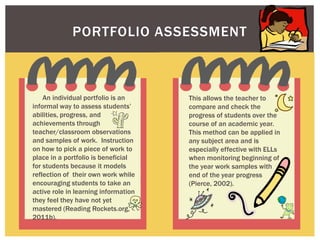 PORTFOLIO ASSESSMENT



    An individual portfolio is an     This allows the teacher to
informal way to assess students’      compare and check the
abilities, progress, and              progress of students over the
achievements through                  course of an academic year.
teacher/classroom observations        This method can be applied in
and samples of work. Instruction      any subject area and is
on how to pick a piece of work to     especially effective with ELLs
place in a portfolio is beneficial    when monitoring beginning of
for students because it models        the year work samples with
reflection of their own work while    end of the year progress
encouraging students to take an       (Pierce, 2002).
active role in learning information
they feel they have not yet
mastered (Reading Rockets.org,
2011b).
 