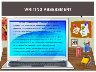 WRITING ASSESSMENT

        Writing assessment can be used for a variety of

purposes, such as delivering feedback to students, student

placement, realizing proficiency in a given subject area, and

earning a grade. Because students and educators, more often

than not, are confronted with high stakes academic

accountability, it is paramount assessment protocols are guided

by sound pedagogical principles to insure that they are valid,

fair, and appropriate to the context and purpose for which they

are designed (Conference on College Composition and

Communication, 2009). Formal and informal writing

assessments are used regularly for a variety of reasons to meet

essential criteria for high school students throughout California.
 