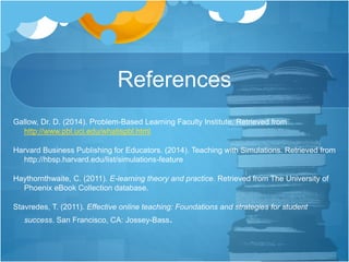 References 
Gallow, Dr. D. (2014). Problem-Based Learning Faculty Institute. Retrieved from 
http://www.pbl.uci.edu/whatispbl.html 
Harvard Business Publishing for Educators. (2014). Teaching with Simulations. Retrieved from 
http://hbsp.harvard.edu/list/simulations-feature 
Haythornthwaite, C. (2011). E-learning theory and practice. Retrieved from The University of 
Phoenix eBook Collection database. 
Stavredes, T. (2011). Effective online teaching: Foundations and strategies for student 
success. San Francisco, CA: Jossey-Bass. 
