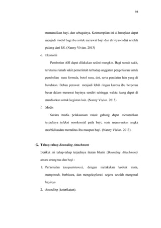 94
memandikan bayi, dan sebagainya. Keterampilan ini di harapkan dapat
menjadi modal bagi ibu untuk merawat bayi dan dirinyasendiri setelah
pulang dari RS. (Nanny Vivian. 2013)
e. Ekonomi
Pemberian ASI dapat dilakukan sedini mungkin. Bagi rumah sakit,
terutama rumah sakit pemerintah terhadap anggaran pengeluaran untuk
pembelian susu formula, botol susu, dot, serta peralatan lain yang di
butuhkan. Beban perawat menjadi lebih ringan karena ibu berperan
besar dalam merawat bayinya sendiri sehingga waktu luang dapat di
manfaatkan untuk kegiatan lain. (Nanny Vivian. 2013)
f. Medis
Secara medis pelaksanaan rawat gabung dapat menurunkan
terjadinya infeksi nosokomial pada bayi, serta menurunkan angka
morbiditasdan mortalitas ibu maupun bayi. (Nanny Vivian. 2013)
G. Tahap-tahap Bounding Attachment
Berikut ini tahap-tahap terjadinya ikatan bhatin (Bounding Attachment)
antara orang tua dan bayi :
1. Perkenalan (acquaintance), dengan melakukan kontak mata,
menyentuh, berbicara, dan mengeksplorasi segera setelah mengenal
bayinya.
2. Bounding (keterikatan).
 