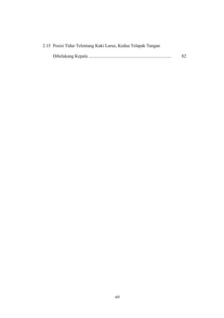 2.15 Posisi Tidur Telentang Kaki Lurus, Kedua Telapak Tangan
Dibelakang Kepala ......................................................................... 82
xiii
 