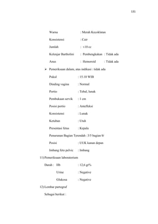 131
Warna : Merah Kecoklatan
Konsistensi : Cair
Jumlah : ±10 cc
Kelenjar Bartholini : Pembengkakan : Tidak ada
Anus : Hemoroid : Tidak ada
 Pemeriksaan dalam, atas indikasi : tidak ada
Pukul : 15.10 WIB
Dinding vagina : Normal
Portio : Tebal, lunak
Pembukaan servik : 1 cm
Posisi portio : Antefleksi
Konsistensi : Lunak
Ketuban : Utuh
Presentasi fetus : Kepala
Penurunan Bagian Terendah :3/5 bagian U
Posisi : UUK kanan depan
Imbang feto pelvic : Imbang
11) Pemeriksaan laboratorium
Darah : Hb : 12,6 gr%
Urine : Negative
Glukosa : Negative
12) Lembar partograf
Sebagai berikut :
 