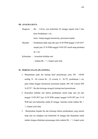 132
III. ANALISA DATA
Diagnosa : Ibu : G1P0A0 usia kehamilan 42 minggu inpartu kala I fase
laten Pembukaan 1 cm
Janin : hidup tunggal intrauterine, presentase kepala
Masalah : Pembukaan tidak maju dari jam 16.50 WIB tanggal 13-05-2017
sampai jam 15.10 WIB tanggal 14-05-207 masih tetap pembuka-
an 1 cm
Kebutuhan : - konsultasi kebidan umi
- Induksi RL + 1
/2 Ampul synto drip
IV. PERENCANAAN (PLANNING)
1. Menjelaskan pada ibu tentang hasil pemeriksaan yaitu TD : 120/80
mmHg, N : 84 x/menit, Rr : 22 x/menit, S : 36,70
C, pembukaan 1 cm,
janin hidup tunggal intrauterine presentase kepala, DJJ 148 x/menit, HIS
3x10’25’’. Ibu dan keluarga mengerti tentang hasil pemeriksaan.
2. Konsultasi kebidan umi bahwa pembukaan masih tetap satu cm dari
tanggal 13-05-2017 jam 16.50 WIB sampai tanggal 14-05-207 jam 15.10
WIB dan usia kehamilan sudah 42 minggu. Instruksi untuk induksi RL +
1
/2 Ampul synto drip.
3. Menjelaskan kepada ibu dan keluarga bahwa pembuakaan yang massih
tetap satu cm sedagkan usia kehamilan 42 minggu dan dianjurkan untuk
induksi dengan dilakukan pemasangan infus induksi RL + 1
/2 Ampul synto
 