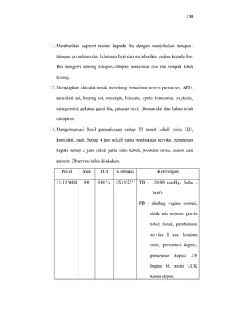 134
11. Memberikan support mental kepada ibu dengan menjelaskan tahapan-
tahapan persalinan dan kelahiran bayi dan memberikan pujian kepada ibu.
Ibu mengerti tentang tahapan-tahapan persalinan dan ibu tampak lebih
tenang.
12. Menyiapkan alat-alat untuk menolong persalinan seperti partus set, APD.
resusitasi set, hecting set, matergin, lidocain, synto, transamin, oxytocin,
misoprostol, pakaian ganti ibu, pakaian bayi, Semua alat dan bahan telah
disiapkan.
13. Mengobservasi hasil pemeriksaan setiap 30 menit sekali yaitu DJJ,
kontraksi, nadi. Setiap 4 jam sekali yaitu pembukaan serviks, penurunan
kepala setiap 2 jam sekali yaitu suhu tubuh, produksi urine, aseton dan
protein. Observasi telah dilakukan.
Pukul Nadi DJJ Kontraksi Keterangan
15.10 WIB 84 148 x
/m 3X10’25’’ TD : 120/80 mmHg, Suhu :
36,60
c
PD : dinding vagina normal,
tidak ada septum, portio
tebal, lunak, pembukaan
serviks 1 cm, ketuban
utuh, presentasi kepala,
penurunan kepala 3/5
bagian U, posisi UUK
kanan depan.
 