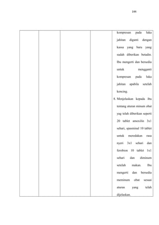 144
kompresan pada luka
jahitan diganti dengan
kassa yang baru yang
sudah diberikan betadin.
Ibu mengerti dan bersedia
untuk mengganti
kompresan pada luka
jahitan apabila setelah
kencing.
8. Menjelaskan kepada ibu
tentang aturan minum obat
yag telah diberikan seperti
20 tablet amoxilin 3x1
sehari, spasminal 10 tablet
untuk meredakan rasa
nyeri 3x1 sehari dan
ferobion 10 tablet 1x1
sehari dan diminum
setelah makan. Ibu
mengerti dan bersedia
meminum obat sesuai
aturan yang telah
dijelaskan.
 