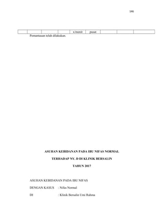 146
x/menit pusat
Pemantauan telah dilakukan.
ASUHAN KEBIDANAN PADA IBU NIFAS NORMAL
TERHADAP NY. D DI KLINIK BERSALIN
TAHUN 2017
ASUHAN KEBIDANAN PADA IBU NIFAS
DENGAN KASUS : Nifas Normal
DI : Klinik Bersalin Umi Rahma
 