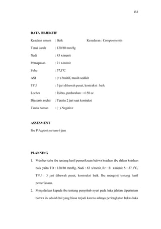 152
DATA OBJEKTIF
Keadaan umum : Baik Kesadaran : Composmentis
Tensi darah : 120/80 mmHg
Nadi : 83 x/menit
Pernapasan : 21 x/menit
Suhu : 37,10
C
ASI : (+) Positif, masih sedikit
TFU : 3 jari dibawah pusat, kontraksi : baik
Lochea : Rubra, perdarahan : ±150 cc
Diastasis rechti : Teraba 2 jari saat kontraksi
Tanda homan : (−) Negative
ASSESMENT
Ibu P1A0 post partum 6 jam
PLANNING
1. Memberitahu ibu tentang hasil pemeriksaan bahwa keadaan ibu dalam keadaan
baik yaitu TD : 120/80 mmHg, Nadi : 83 x/menit, Rr : 21 x/menit, S : 37,10
C,
TFU : 3 jari dibawah pusat, kontrraksi baik. Ibu mengerti tentang hasil
pemeriksaan.
2. Menjelaskan kepada ibu tentang penyebab nyeri pada luka jahitan diperinium
bahwa itu adalah hal yang biasa terjadi karena adanya perlengketan bekas luka
 