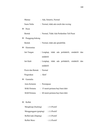 168
Mamae : Ada, Simetris, Normal
Suara Nafas : Normal, tidak ada ronchi dan wezing
 Perut
Bentuk : Normal, Tidak Ada Perdarahan Tali Pusat
 Punggung-bokong
Bentuk : Normal, tidak ada spinabifida
 Ekstremitas
Jari Tangan : Lengkap, tidak ada polidaktili, sindaktili dan
andaktili
Jari Kaki : Lengkap, tidak ada polidaktili, sindaktili dan
andaktili
Posisi dan Bentuk : Normal
Pergerakan : Aktif
 Genetalia
Jenis Kelamin : Perempuan
BAK Pertama : 15 menit pertama bayi baru lahir
BAB Pertama : 60 menit pertama bayi baru lahir
 Reflek
Menghisap (Sucking) : (+) Positif
Menggenggam (graping) : (+) Positif
Reflek kaki (Staping) : (+) Positif
Reflek Moro : (+) Positif
 