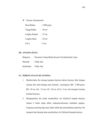 169
 Ukuran Antropometri
Berat Badan : 3.800 gram
Tinggi Badan : 50 cm
Lingkar Kepala : 33 cm
Lingkar Dada : 30 cm
LILA : 9 cm
III. ANALISA DATA
Diagnosa : Neonatus Cukup Bulan Sesuai Usia Kehamilan 2 jam
Masalah : Tidak Ada
Kebutuhan : Tidak Ada
IV. PERENCANAAN (PLANNING)
1. Memberitahu ibu tentang keadaan bayinya bahwa bayinya lahir dengan
selamat dan sehat dengan jenis kelamin : perempuan, BB : 3.800 gram,
PB : 50 cm, LK : 33 cm, LD : 30 cm, LILA : 9 cm. ibu mengerti tentang
keadaan bayinya.
2. Menganjurkan ibu untuk memberikan Asi Eksklusif kepada bayinya
selama 6 bulan tanpa diberi makanan/minuman tambahan apapun.
Fungsinya penting bagi daya tahan tubuh dan pertumbuhan pada bayi ibu
mengerti dan berjanji akan memberikan Asi Eksklusif kepada bayinya.
 