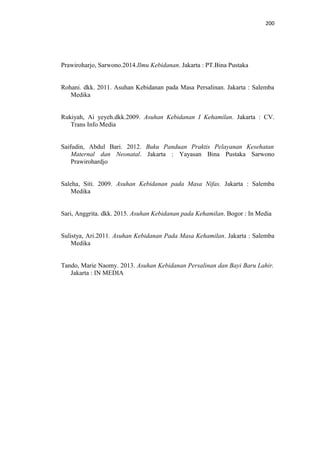 200
Prawiroharjo, Sarwono.2014.Ilmu Kebidanan. Jakarta : PT.Bina Pustaka
Rohani. dkk. 2011. Asuhan Kebidanan pada Masa Persalinan. Jakarta : Salemba
Medika
Rukiyah, Ai yeyeh.dkk.2009. Asuhan Kebidanan I Kehamilan. Jakarta : CV.
Trans Info Media
Saifudin, Abdul Bari. 2012. Buku Panduan Praktis Pelayanan Kesehatan
Maternal dan Neonatal. Jakarta : Yayasan Bina Pustaka Sarwono
Prawirohardjo
Saleha, Siti. 2009. Asuhan Kebidanan pada Masa Nifas. Jakarta : Salemba
Medika
Sari, Anggrita. dkk. 2015. Asuhan Kebidanan pada Kehamilan. Bogor : In Media
Sulistya, Ari.2011. Asuhan Kebidanan Pada Masa Kehamilan. Jakarta : Salemba
Medika
Tando, Marie Naomy. 2013. Asuhan Kebidanan Persalinan dan Bayi Baru Lahir.
Jakarta : IN MEDIA
 