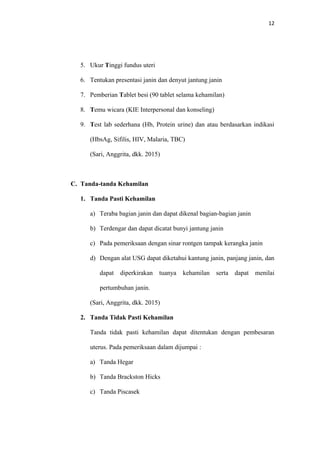 12
5. Ukur Tinggi fundus uteri
6. Tentukan presentasi janin dan denyut jantung janin
7. Pemberian Tablet besi (90 tablet selama kehamilan)
8. Temu wicara (KIE Interpersonal dan konseling)
9. Test lab sederhana (Hb, Protein urine) dan atau berdasarkan indikasi
(HbsAg, Sifilis, HIV, Malaria, TBC)
(Sari, Anggrita, dkk. 2015)
C. Tanda-tanda Kehamilan
1. Tanda Pasti Kehamilan
a) Teraba bagian janin dan dapat dikenal bagian-bagian janin
b) Terdengar dan dapat dicatat bunyi jantung janin
c) Pada pemeriksaan dengan sinar rontgen tampak kerangka janin
d) Dengan alat USG dapat diketahui kantung janin, panjang janin, dan
dapat diperkirakan tuanya kehamilan serta dapat menilai
pertumbuhan janin.
(Sari, Anggrita, dkk. 2015)
2. Tanda Tidak Pasti Kehamilan
Tanda tidak pasti kehamilan dapat ditentukan dengan pembesaran
uterus. Pada pemeriksaan dalam dijumpai :
a) Tanda Hegar
b) Tanda Brackston Hicks
c) Tanda Piscasek
 