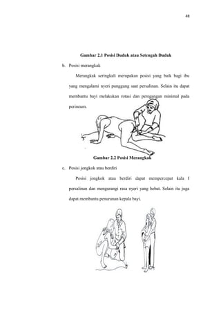 48
Gambar 2.1 Posisi Duduk atau Setengah Duduk
b. Posisi merangkak
Merangkak seringkali merupakan posisi yang baik bagi ibu
yang mengalami nyeri punggung saat persalinan. Selain itu dapat
membantu bayi melakukan rotasi dan peregangan minimal pada
perineum.
Gambar 2.2 Posisi Merangkak
c. Posisi jongkok atau berdiri
Posisi jongkok atau berdiri dapat mempercepat kala I
persalinan dan mengurangi rasa nyeri yang hebat. Selain itu juga
dapat membantu penurunan kepala bayi.
 