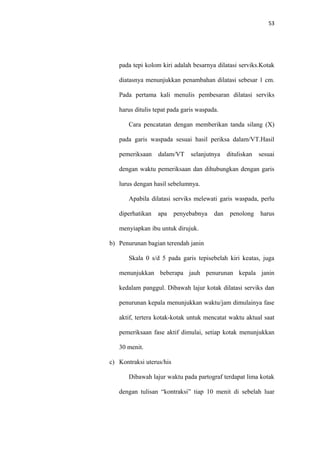 53
pada tepi kolom kiri adalah besarnya dilatasi serviks.Kotak
diatasnya menunjukkan penambahan dilatasi sebesar 1 cm.
Pada pertama kali menulis pembesaran dilatasi serviks
harus ditulis tepat pada garis waspada.
Cara pencatatan dengan memberikan tanda silang (X)
pada garis waspada sesuai hasil periksa dalam/VT.Hasil
pemeriksaan dalam/VT selanjutnya dituliskan sesuai
dengan waktu pemeriksaan dan dihubungkan dengan garis
lurus dengan hasil sebelumnya.
Apabila dilatasi serviks melewati garis waspada, perlu
diperhatikan apa penyebabnya dan penolong harus
menyiapkan ibu untuk dirujuk.
b) Penurunan bagian terendah janin
Skala 0 s/d 5 pada garis tepisebelah kiri keatas, juga
menunjukkan beberapa jauh penurunan kepala janin
kedalam panggul. Dibawah lajur kotak dilatasi serviks dan
penurunan kepala menunjukkan waktu/jam dimulainya fase
aktif, tertera kotak-kotak untuk mencatat waktu aktual saat
pemeriksaan fase aktif dimulai, setiap kotak menunjukkan
30 menit.
c) Kontraksi uterus/his
Dibawah lajur waktu pada partograf terdapat lima kotak
dengan tulisan “kontraksi” tiap 10 menit di sebelah luar
 
