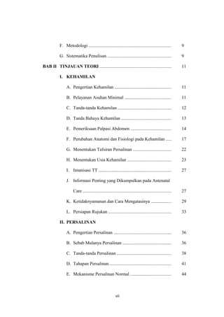 F. Metodologi ......................................................................... 9
G. Sistematika Penulisan ........................................................ 9
BAB II TINJAUAN TEORI ............................................................... 11
I. KEHAMILAN
A. Pengertian Kehamilan .................................................. 11
B. Pelayanan Asuhan Minimal ......................................... 11
C. Tanda-tanda Kehamilan ............................................... 12
D. Tanda Bahaya Kehamilan ............................................ 13
E. Pemeriksaan Palpasi Abdomen .................................... 14
F. Perubahan Anatomi dan Fisiologi pada Kehamilan ..... 17
G. Menentukan Tafsiran Persalinan .................................. 22
H. Menentukan Usia Kehamilan ....................................... 23
I. Imunisasi TT ................................................................ 27
J. Informasi Penting yang Dikumpulkan pada Antenatal
Care .............................................................................. 27
K. Ketidaknyamanan dan Cara Mengatasinya .................. 29
L. Persiapan Rujukan ....................................................... 33
II. PERSALINAN
A. Pengertian Persalinan ................................................... 36
B. Sebab Mulanya Persalinan ........................................... 36
C. Tanda-tanda Persalinan ................................................ 38
D. Tahapan Persalinan ...................................................... 41
E. Mekanisme Persalinan Normal .................................... 44
vii
 