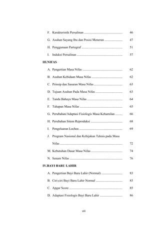 F. Karakteristik Persalinan ............................................... 46
G. Asuhan Sayang Ibu dan Posisi Meneran ...................... 47
H. Penggunaan Partograf .................................................. 51
I. Induksi Persalinan ........................................................ 57
III.NIFAS
A. Pengertian Masa Nifas ................................................. 62
B. Asuhan Kebidaan Masa Nifas ...................................... 62
C. Prinsip dan Sasaran Masa Nifas ................................... 63
D. Tujuan Asuhan Pada Masa Nifas ................................. 63
E. Tanda Bahaya Masa Nifas ........................................... 64
F. Tahapan Masa Nifas .................................................... 65
G. Perubahan/Adaptasi Fisiologis Masa Kehamilan ........ 66
H. Perubahan Sitem Reproduksi ....................................... 68
I. Pengeluaran Lochea ..................................................... 69
J. Program Nasional dan Kebijakan Teknis pada Masa
Nifas ............................................................................. 72
M. Kebutuhan Dasar Masa Nifas ...................................... 74
N. Senam Nifas ................................................................. 76
IV.BAYI BARU LAHIR
A. Pengertian Bayi Baru Lahir (Normal) .......................... 83
B. Ciri-ciri Bayi Baru Lahir Normal ................................ 83
C. Apgar Score ................................................................. 85
D. Adaptasi Fisiologis Bayi Baru Lahir ............................ 86
viii
 