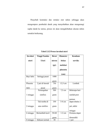 67
Penyebab kontraksi dan retraksi otot rahim sehingga akan
mengompres pembuluh darah yang menyebabkan akan mengurangi
suplai darah ke uterus, proses ini akan mengakibatkan ukuran rahim
semakin berkurang.
Tabel 2.12 Proses involusi uteri
Involusi
uteri
Tinggi Fundus
Uteri
Berat
uterus
(gr)
Diameter
bekas
melekat
plasenta
(cm)
Keadaan
serviks
Bayi lahir Setinggi pusat 1000
gram
Plasenta
lahir
2 jari di bawah
pusat
750
gram
12,5 cm Lembek
1 minggu
Pertengahan
simfisis
500
gram
7,5 cm Beberapa hari
setelah post
partum
2 minggu
Tak teraba di
atas simfisis
350
gram
3-4 cm dapat dilalui 2
jari, akhir
minggu
6 minggu Bertambah kecil 50-60
gram
1-2 cm Pertama dapat
dimasukki
8 minggu Sebesar normal 30 1 jari
 