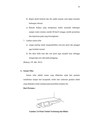 74
b) Begitu darah berhenti dan ibu sudah nyaman serta dapat memulai
hubungan seksual.
c) Banyak budaya yang mempunyai tradisi menunda hubungan
sampai waktu tertentu setelah 40 hari/6 minggu setelah persalinan
dan keputusan pada yang bersangkutan.
7. Latihan senam nifas
a) sangat penting untuk mengembalikan otot-otot perut dan panggul
agar kembali normal.
b) Ibu akan lebih kuat dan otot perut juga menjadi kuat sehingga
mengurangi rasa sakit pada punggung.
(Rahayu, YP. dkk. 2012)
L. Senam Nifas
Senam nifas adalah senam yang dilakukan sejak hari pertama
melahirkan sampai hari kesepuluh, terdiri dari sederetan gerakan tubuh
yang dilakukan untuk mempercepat pemulihan keadaan ibu.
Hari Pertama :
Gambar 2.6 Posisi Tubuh Terlentang dan Rileks
 