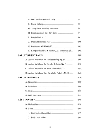 E. IMD (Inisiasi Menyusui Dini) ..................................... 92
F. Rawat Gabung .............................................................. 94
G. Tahap-tahap Bounding Attachment .............................. 96
H. Penatalaksanaan Bayi Baru Lahir ................................ 97
I. Pengertian ASI ............................................................. 99
J. Manfaat Pemberian ASI ............................................... 100
K. Pentingnya ASI Eksklusif............................................. 101
L. Komposisi Zat Gizi Kolostrum, ASI dan Susu Sapi..... 102
BAB III TINJAUAN KASUS ............................................................... 103
A. Asuhan Kebidanan Ibu Hamil Terhadap Ny. D ................. 103
B. Asuhan Kebidanan Ibu Bersalin Terhadap Ny. D ............. 125
C. Asuhan Kebidanan Ibu Nifas Terhadap Ny. D .................. 147
D. Asuhan Kebidanan Bayi Baru Lahir Pada By. Ny. D ........ 165
BAB IV PEMBAHASAN ..................................................................... 179
A. Kehamilan .......................................................................... 180
B. Persalinan ........................................................................... 183
C. Nifas ................................................................................... 188
D. Bayi Baru Lahir .................................................................. 192
BAB V PENUTUP ............................................................................... 194
A. Kesimpulan ........................................................................ 194
B. Saran .................................................................................. 197
1. Bagi Institusi Pendidikan ............................................. 197
2. Bagi Lahan Praktik ...................................................... 197
ix
 