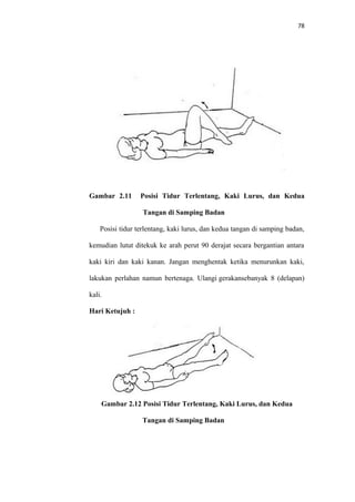 78
Gambar 2.11 Posisi Tidur Terlentang, Kaki Lurus, dan Kedua
Tangan di Samping Badan
Posisi tidur terlentang, kaki lurus, dan kedua tangan di samping badan,
kemudian lutut ditekuk ke arah perut 90 derajat secara bergantian antara
kaki kiri dan kaki kanan. Jangan menghentak ketika menurunkan kaki,
lakukan perlahan namun bertenaga. Ulangi gerakansebanyak 8 (delapan)
kali.
Hari Ketujuh :
Gambar 2.12 Posisi Tidur Terlentang, Kaki Lurus, dan Kedua
Tangan di Samping Badan
 