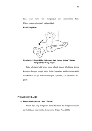 80
kaki. Atur nafas saat mengangkat dan menurunkan kaki.
Ulangi gerakan sebanyak 8 (delapan) kali.
Hari Kesepuluh :
Gambar 2.15 Posisi Tidur Telentang Kaki Lurus, Kedua Telapak
tangan Dibelakang Kepala
Tidur telentang kaki lurus, kedua telapak tangan dibelakang kepala
kemudian bangun samapi posisi duduk kemudian perlahan-lahan posisi
tidur kembali (sit up). Lakukan sebanyak 8 (delapan) kali. (Sunarsih. dkk.
2009)
IV. BAYI BARU LAHIR
A. Pengertian Bayi Baru Lahir (Normal)
Adalah bayi yang mengalami proses kelahiran dan menyesuaikan diri
dari kehidupan intra uteri ke ekstra uterin. (Bidan, Putri. 2014)
 