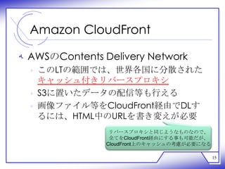 Amazon CloudFront

‫ ﻪ‬AWSのContents Delivery Network
  ‫ ﻩ‬このLTの範囲では、世界各国に分散された
    キャッシュ付きリバースプロキシ
  ‫ ﻩ‬S3に置いたデータの配信等も行える
  ‫ ﻩ‬画像ファイル等をCloudFront経由でDLす
    るには、HTML中のURLを書き変えが必要
                 リバースプロキシと同じようなものなので、
                 全てをCloudFront経由にする事も可能だが、
                CloudFront上のキャッシュの考慮が必要になる

                                             15
 