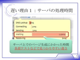 遅い理由１：サーバの処理時間




サーバ上でのページ生成にかかった時間
負荷テストなどで見つかりやすい遅さ

                     5
 