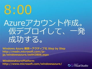 8:00

Windows Azure 購買～アクティブ化 Step by Step
http://msdn.microsoft.com/ja-
jp/windowsazure/ee943806.aspx

WindowsAzurePlatform
http://www.microsoft.com/windowsazure/
 