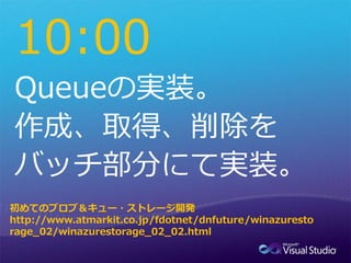 10:00


初めてのブロブ＆キュー・ストレージ開発
http://www.atmarkit.co.jp/fdotnet/dnfuture/winazuresto
rage_02/winazurestorage_02_02.html
 