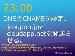 23:00


TIPS33 CNAMEの設定について
http://www.atmarkit.co.jp/fdotnet/chushin/azurecasestu
dy_01/azurecasestudy_01_04.html
 