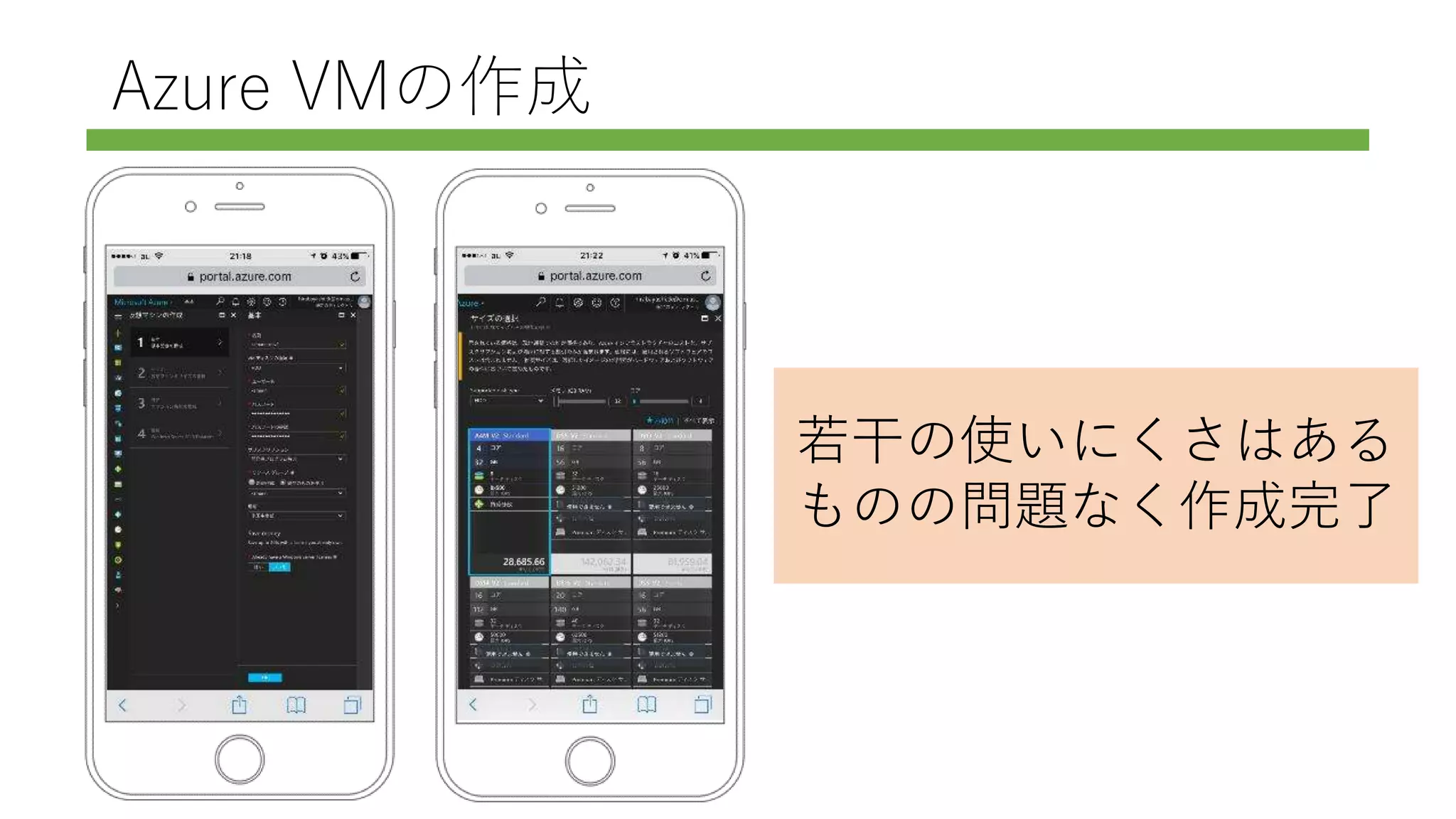 若干の使いにくさはある
ものの問題なく作成完了
Azure VMの作成
 
