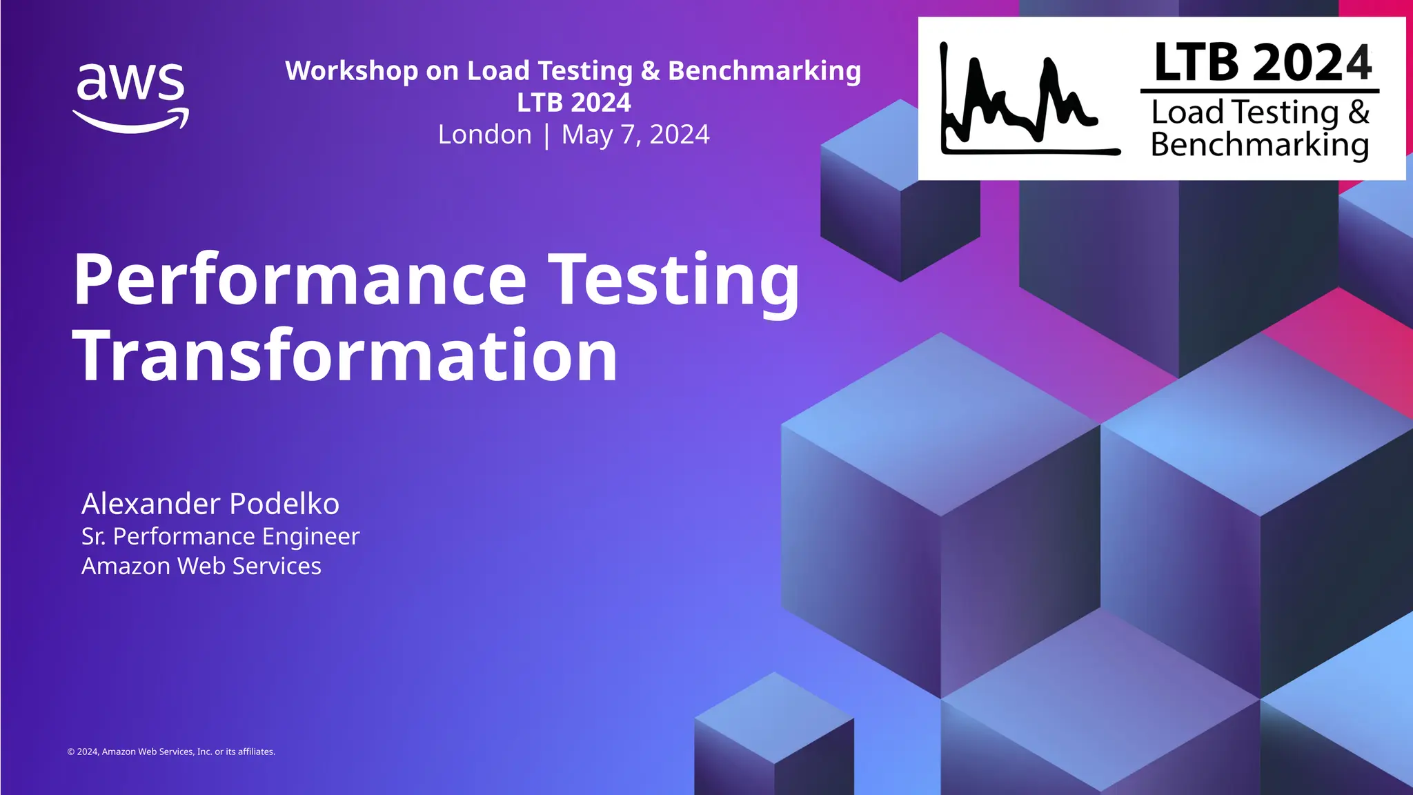 PERFORMANCE TESTING TRANSFORMATION
© 2024, Amazon Web Services, Inc. or its affiliates.
© 2024, Amazon Web Services, Inc. or its affiliates.
Alexander Podelko
Performance Testing
Transformation
Sr. Performance Engineer
Amazon Web Services
Workshop on Load Testing & Benchmarking
LTB 2024
London | May 7, 2024
 