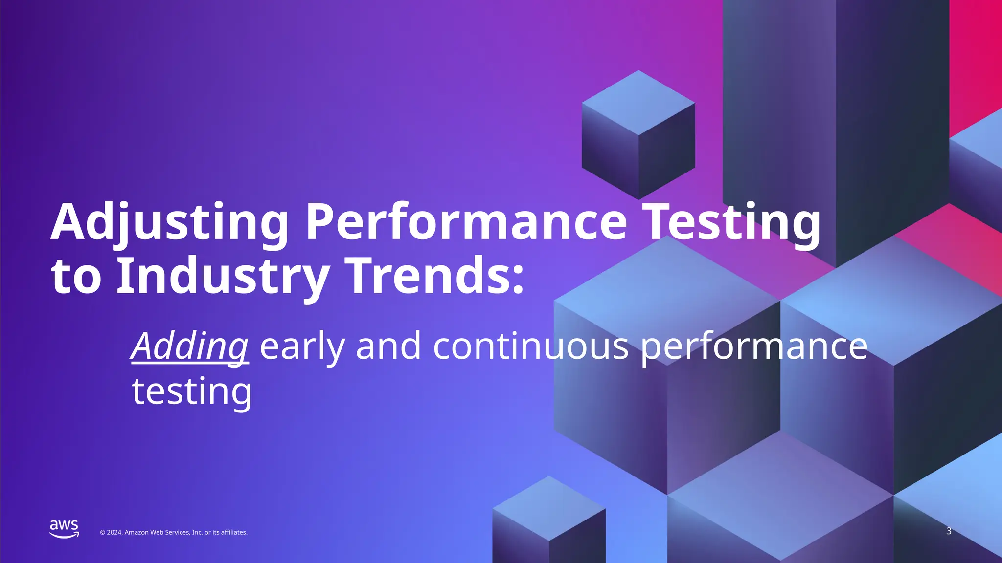 PERFORMANCE TESTING TRANSFORMATION
© 2024, Amazon Web Services, Inc. or its affiliates. 3
© 2024, Amazon Web Services, Inc. or its affiliates.
Adjusting Performance Testing
to Industry Trends:
Adding early and continuous performance
testing
 
