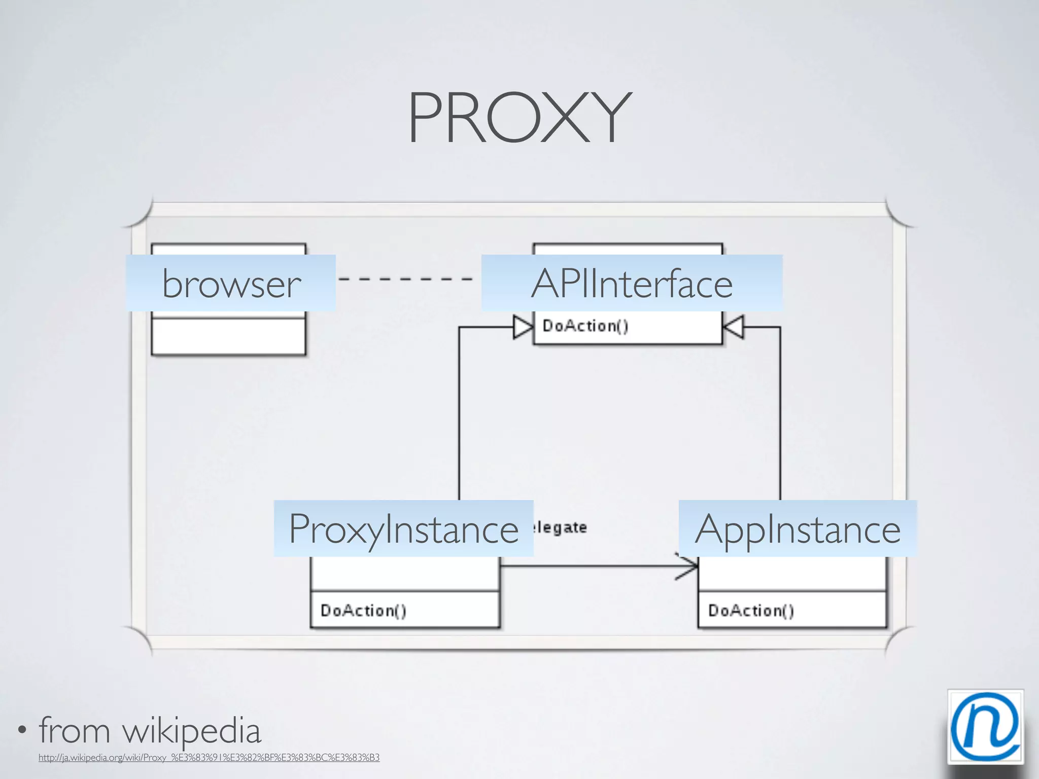 PROXY

                          browser                                            APIInterface




                                                    ProxyInstance                     AppInstance



• from            wikipedia
 http://ja.wikipedia.org/wiki/Proxy_%E3%83%91%E3%82%BF%E3%83%BC%E3%83%B3
 