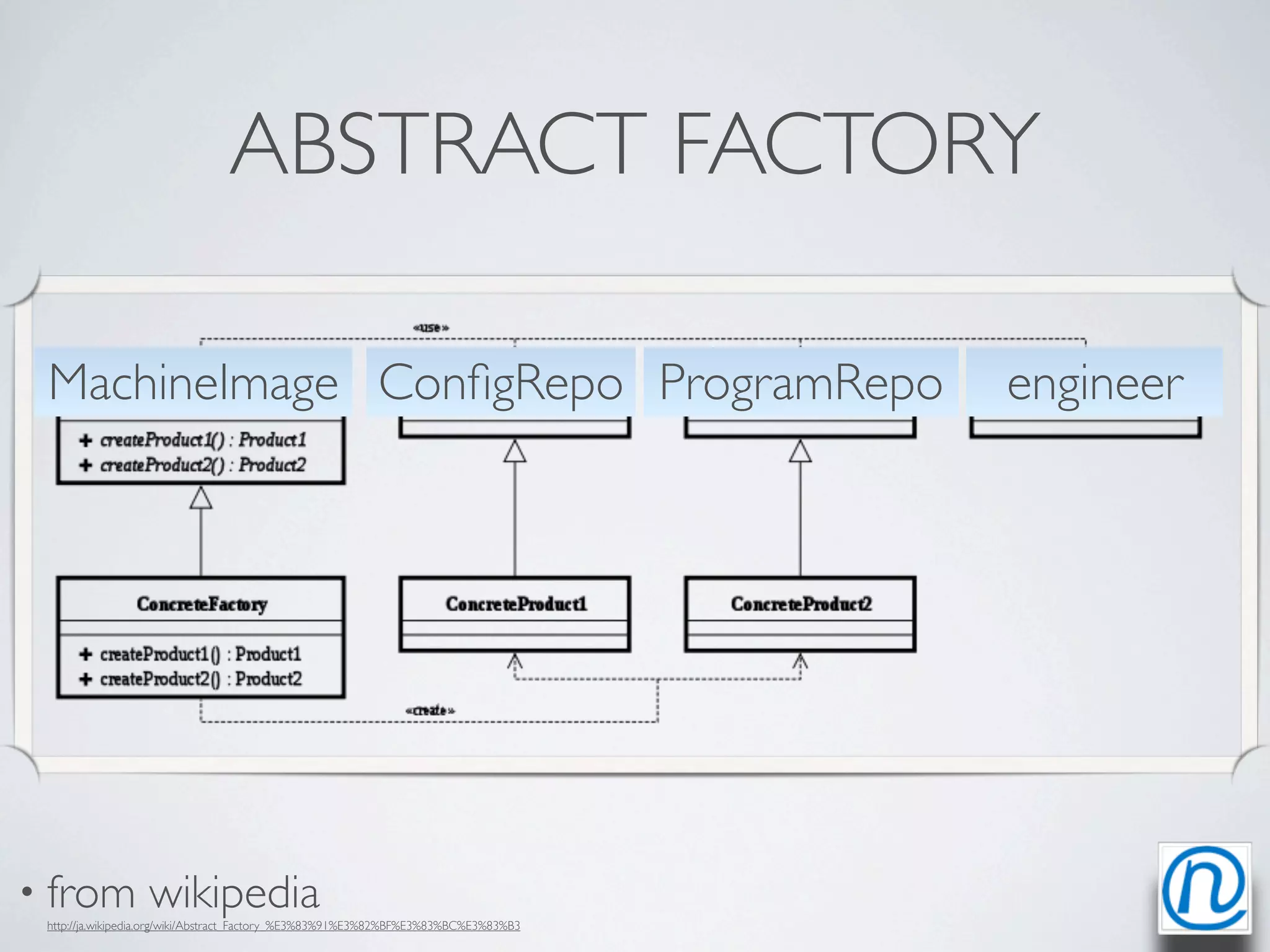 ABSTRACT FACTORY

 MachineImage ConﬁgRepo ProgramRepo                                                   engineer




• from            wikipedia
 http://ja.wikipedia.org/wiki/Abstract_Factory_%E3%83%91%E3%82%BF%E3%83%BC%E3%83%B3
 