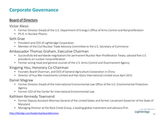 Corporate Governance
36http://ltbridge.com/leadership/boarddirectors
Board of Directors
Victor Alessi
• Former Director (head) of the U.S. Department of Energy’s Office of Arms Control and Nonproliferation
• Ph.D. in Nuclear Physics
Seth Grae
• President and CEO of Lightbridge Corporation
• Member of the Civil Nuclear Trade Advisory Committee to the U.S. Secretary of Commerce
Ambassador Thomas Graham, Executive Chairman
• Successfully led worldwide negotiations for permanent Nuclear Non-Proliferation Treaty; advised five U.S.
presidents on nuclear nonproliferation
• Former acting head and general counsel of the U.S. Arms Control and Disarmament Agency
Xingping Hou, Honorary Co-Chairman
• Founder, Board Chairman, and CEO of General Agriculture Corporation in China
• Director of Hua Mei Investments Limited and Han Glory International Limited since April 2011
Daniel Magraw
• Former Director (head) of the International Environmental Law Office of the U.S. Environmental Protection
Agency
• Former CEO of the Center for International Environmental Law
Kathleen Kennedy Townsend
• Former Deputy Assistant Attorney General of the United States and former Lieutenant Governor of the State of
Maryland
• Managing Director at the Rock Creek Group, a leading global investment and advisory firm
 
