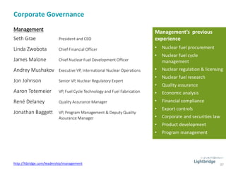 Management’s previous
experience
Corporate Governance
37
Management
Seth Grae President and CEO
Linda Zwobota Chief Financial Officer
James Malone Chief Nuclear Fuel Development Officer
Andrey Mushakov Executive VP, International Nuclear Operations
Jon Johnson Senior VP, Nuclear Regulatory Expert
Aaron Totemeier VP, Fuel Cycle Technology and Fuel Fabrication
René Delaney Quality Assurance Manager
Jonathan Baggett VP, Program Management & Deputy Quality
Assurance Manager
http://ltbridge.com/leadership/management
• Nuclear fuel procurement
• Nuclear fuel cycle
management
• Nuclear regulation & licensing
• Nuclear fuel research
• Quality assurance
• Economic analysis
• Financial compliance
• Export controls
• Corporate and securities law
• Product development
• Program management
 