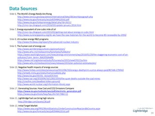 Data Sources
39
Slide 6, The World’s Energy Needs Are Rising
http://www.census.gov/population/international/data/idb/worldpopgraph.php
http://www.eia.gov/forecasts/ieo/pdf/0484(2016).pdf
http://www.eia.gov/todayinenergy/detail.php?id=26212
http://cmo-ripu.blogspot.com/2016/03/update-january-2016.html
Slide 7, Energy equivalent of one cubic mile of oil
http://cmo-ripu.blogspot.com/2015/02/getting-real-about-energy-in-cubic.html
http://www.ourenergypolicy.org/do-we-have-the-raw-materials-for-the-world-to-become-80-renewable-by-2050/
Slide 8, US nuclear energy R&D programs
http://www.thirdway.org/report/the-advanced-nuclear-industry
Slide 9, The human cost of energy use
http://www.worldenergyoutlook.org/airpollution/
http://www.who.int/mediacentre/factsheets/fs266/en/
https://www.washingtonpost.com/news/energy-environment/wp/2016/01/29/the-staggering-economic-cost-of-air-
pollution/?utm_term=.3b6205b4e8fe
https://www.imf.org/external/pubs/ft/survey/so/2015/new070215a.htm
http://www.who.int/mediacentre/news/releases/2016/air-pollution-estimates/en/
Slide 10, Negative health impacts of energy sources
http://www.forbes.com/sites/jamesconca/2012/06/10/energys-deathprint-a-price-always-paid/#37e8c17f49d2
http://arlweb.msha.gov/stats/charts/coaldaily.php
http://www.bls.gov/iif/cfoi_revised14.htm
http://www.npr.org/2010/04/16/126021059/the-quiet-deaths-outside-the-coal-mines
http://creofire.com/deadliest-killers-ground/
http://www.world-nuclear.org/information-library.aspx
Slide 17, Generating Sources: How Cost and CO2 Emissions Compare
https://www.eia.gov/outlooks/aeo/pdf/electricity_generation.pdf
https://www.eia.gov/tools/faqs/faq.cfm?id=74&t=11
Slide 21, Lightbridge fuel can bring high returns
http://ltbridge.com/assets/28.pdf
Slide 22, Initial Target Market
https://www.iaea.org/PRIS/WorldStatistics/UnderConstructionReactorsByCountry.aspx
http://www.eia.gov/forecasts/ieo/pdf/0484(2016).pdf
 