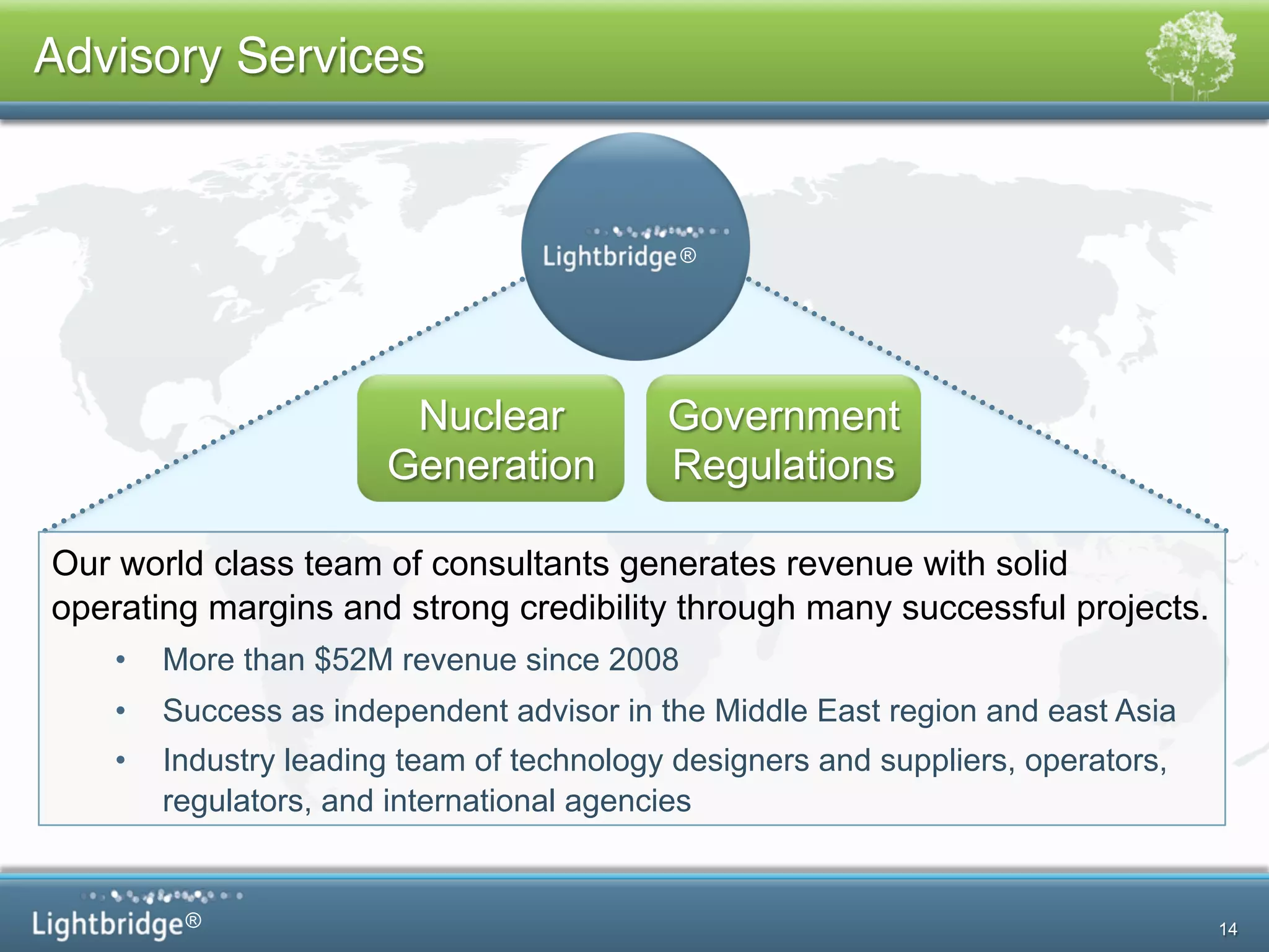 ®
Advisory Services !!
14
®
Government
Regulations
Nuclear
Generation
Our world class team of consultants generates revenue with solid
operating margins and strong credibility through many successful projects.
•  More than $52M revenue since 2008
•  Success as independent advisor in the Middle East region and east Asia
•  Industry leading team of technology designers and suppliers, operators,
regulators, and international agencies
 