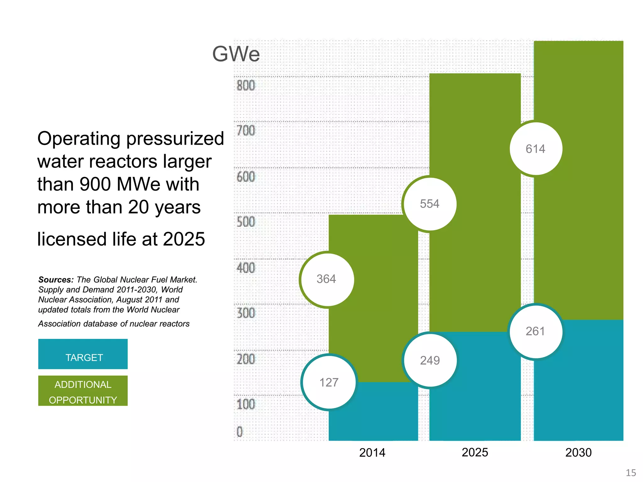 Operating pressurized
water reactors larger
than 900 MWe with
more than 20 years
licensed life at 2025
Sources: The Global Nuclear Fuel Market.
Supply and Demand 2011-2030, World
Nuclear Association, August 2011 and
updated totals from the World Nuclear
Association database of nuclear reactors
364
127
249
261
554
614
TARGET
ADDITIONAL
OPPORTUNITY
2014 2025 2030
15
 