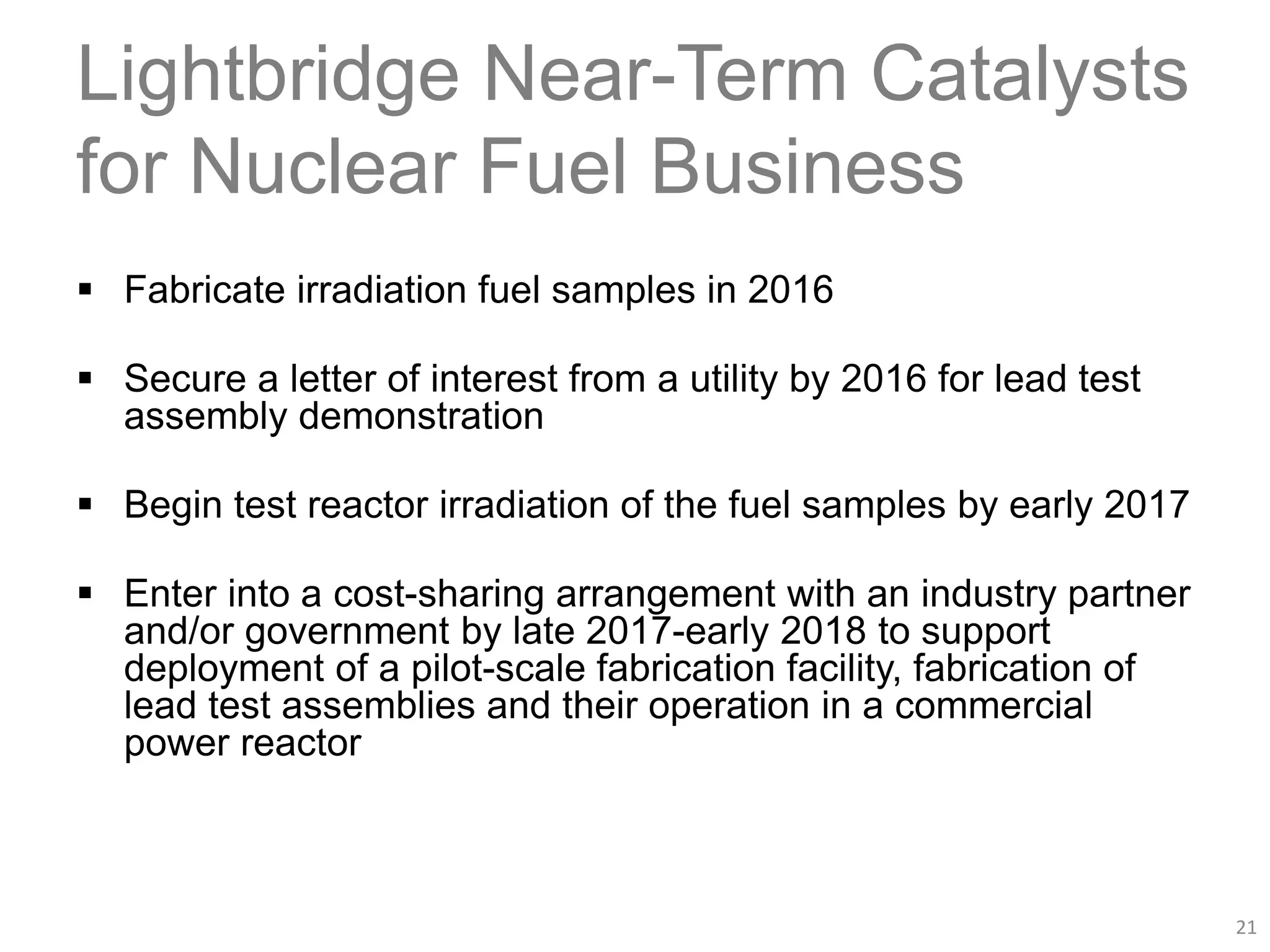 Lightbridge Near-Term Catalysts
for Nuclear Fuel Business
 Fabricate irradiation fuel samples in 2016
 Secure a letter of interest from a utility by 2016 for lead test
assembly demonstration
 Begin test reactor irradiation of the fuel samples by early 2017
 Enter into a cost-sharing arrangement with an industry partner
and/or government by late 2017-early 2018 to support
deployment of a pilot-scale fabrication facility, fabrication of
lead test assemblies and their operation in a commercial
power reactor
21
 