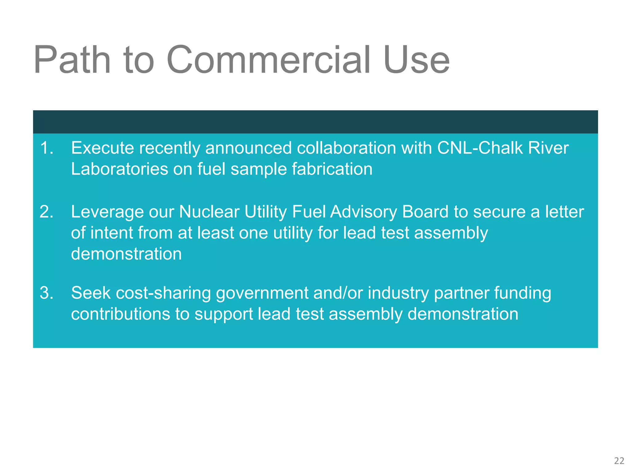 Path to Commercial Use
1. Execute recently announced collaboration with CNL-Chalk River
Laboratories on fuel sample fabrication
2. Leverage our Nuclear Utility Fuel Advisory Board to secure a letter
of intent from at least one utility for lead test assembly
demonstration
3. Seek cost-sharing government and/or industry partner funding
contributions to support lead test assembly demonstration
22
 