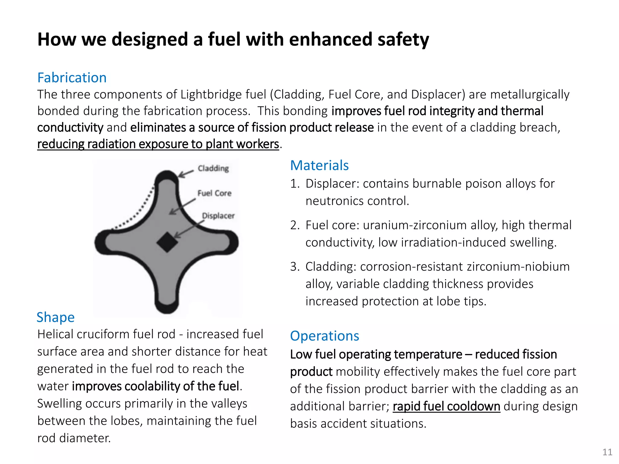 How we designed a fuel with enhanced safety
11
1. Displacer: contains burnable poison alloys for
neutronics control.
2. Fuel core: uranium-zirconium alloy, high thermal
conductivity, low irradiation-induced swelling.
3. Cladding: corrosion-resistant zirconium-niobium
alloy, variable cladding thickness provides
increased protection at lobe tips.
Helical cruciform fuel rod - increased fuel
surface area and shorter distance for heat
generated in the fuel rod to reach the
water improves coolability of the fuel.
Swelling occurs primarily in the valleys
between the lobes, maintaining the fuel
rod diameter.
The three components of Lightbridge fuel (Cladding, Fuel Core, and Displacer) are metallurgically
bonded during the fabrication process. This bonding improves fuel rod integrity and thermal
conductivity and eliminates a source of fission product release in the event of a cladding breach,
reducing radiation exposure to plant workers.
Fabrication
Materials
Shape
Low fuel operating temperature – reduced fission
product mobility effectively makes the fuel core part
of the fission product barrier with the cladding as an
additional barrier; rapid fuel cooldown during design
basis accident situations.
Operations
 