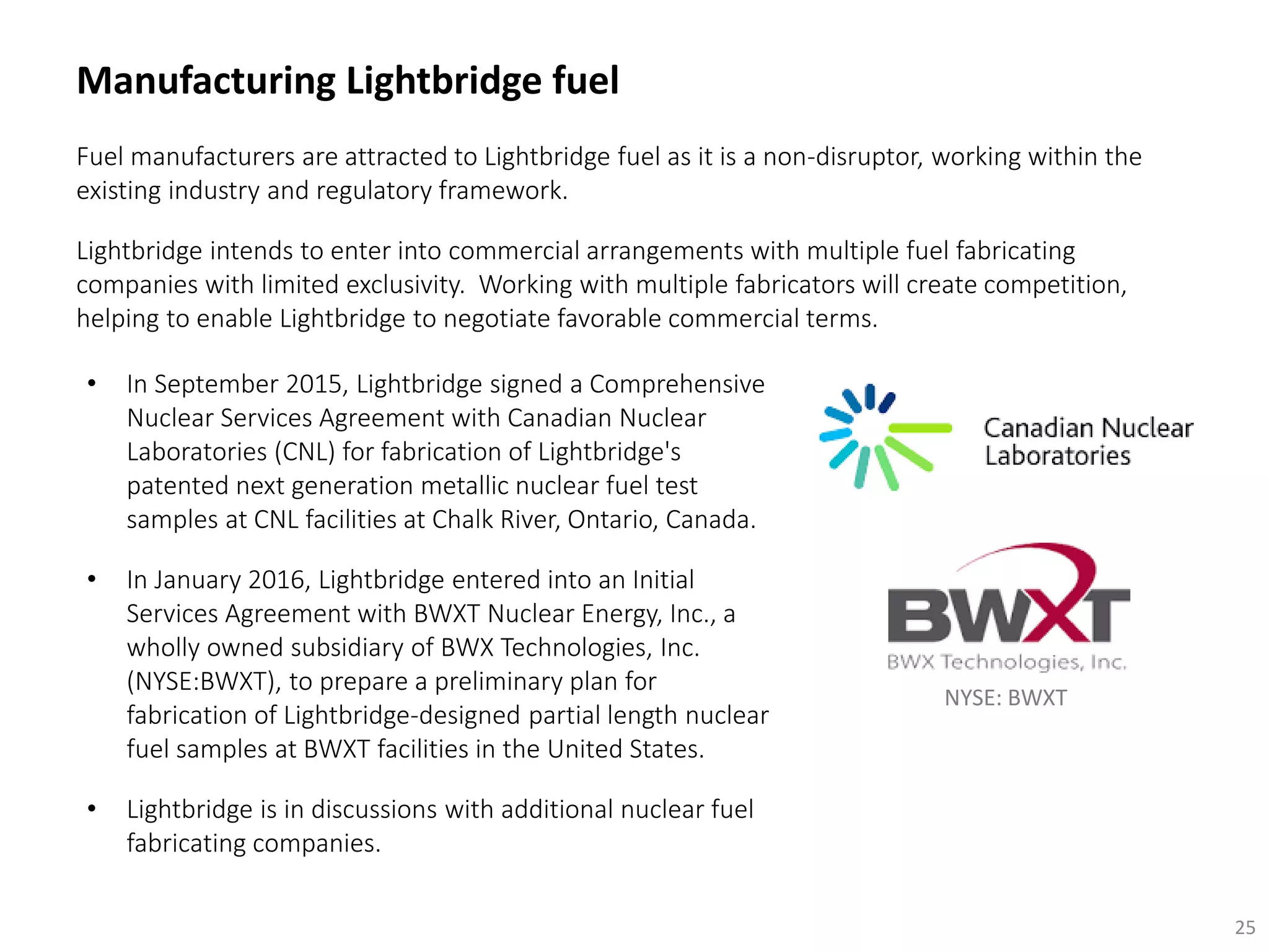 Fuel manufacturers are attracted to Lightbridge fuel as it is a non-disruptor, working within the
existing industry and regulatory framework.
Lightbridge intends to enter into commercial arrangements with multiple fuel fabricating
companies with limited exclusivity. Working with multiple fabricators will create competition,
helping to enable Lightbridge to negotiate favorable commercial terms.
25
Manufacturing Lightbridge fuel
• In September 2015, Lightbridge signed a Comprehensive
Nuclear Services Agreement with Canadian Nuclear
Laboratories (CNL) for fabrication of Lightbridge's
patented next generation metallic nuclear fuel test
samples at CNL facilities at Chalk River, Ontario, Canada.
• In January 2016, Lightbridge entered into an Initial
Services Agreement with BWXT Nuclear Energy, Inc., a
wholly owned subsidiary of BWX Technologies, Inc.
(NYSE:BWXT), to prepare a preliminary plan for
fabrication of Lightbridge-designed partial length nuclear
fuel samples at BWXT facilities in the United States.
• Lightbridge is in discussions with additional nuclear fuel
fabricating companies.
NYSE: BWXT
 