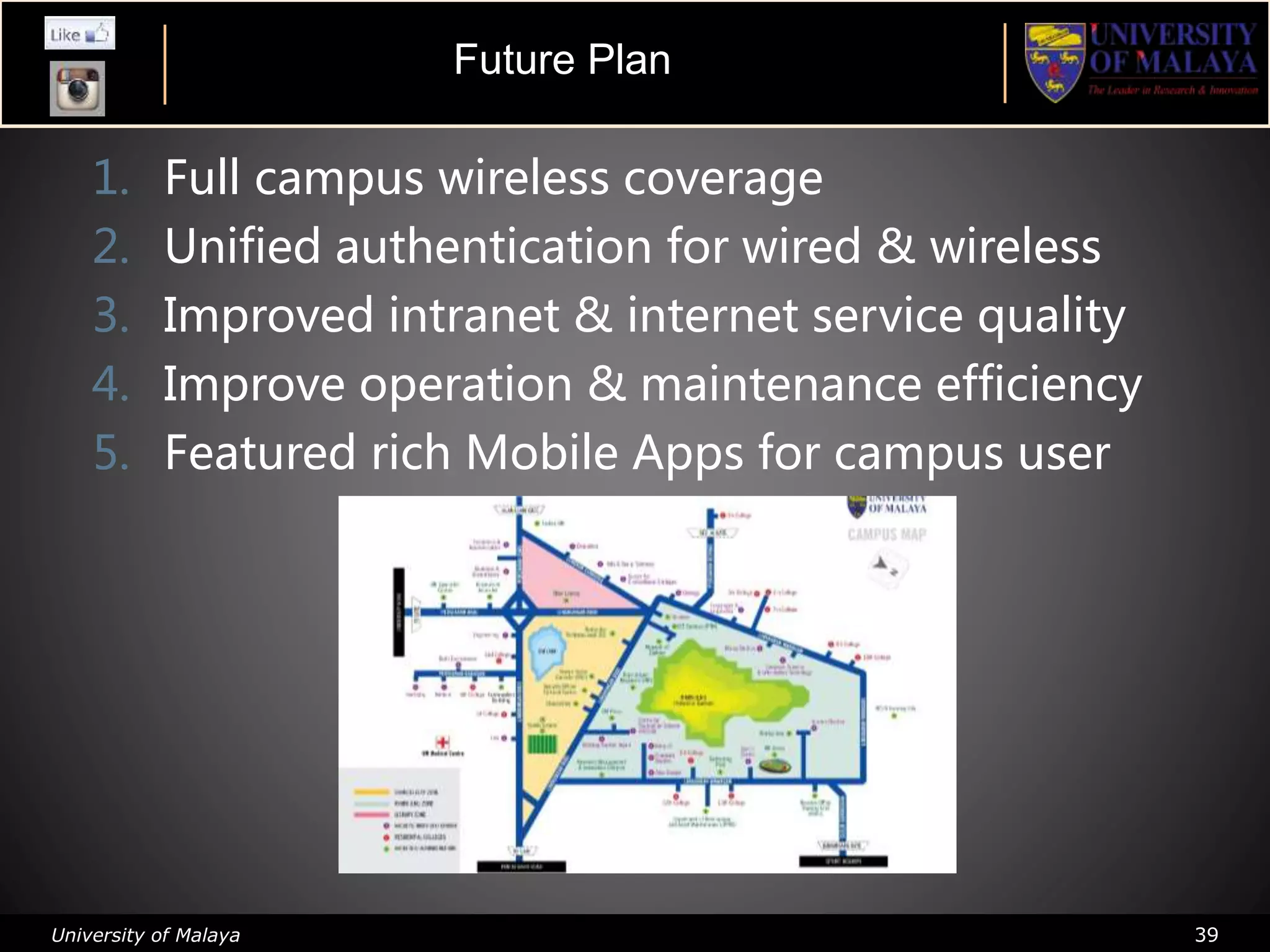 University of Malaya 39
1. Full campus wireless coverage
2. Unified authentication for wired & wireless
3. Improved intranet & internet service quality
4. Improve operation & maintenance efficiency
5. Featured rich Mobile Apps for campus user
Future Plan
 
