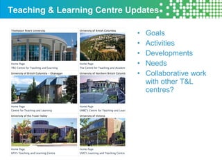 Teaching & Learning Centre Updates
• Goals
• Activities
• Developments
• Needs
• Collaborative work
with other T&L
centres?
 