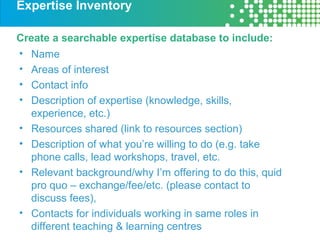 Expertise Inventory
• Name
• Areas of interest
• Contact info
• Description of expertise (knowledge, skills,
experience, e...