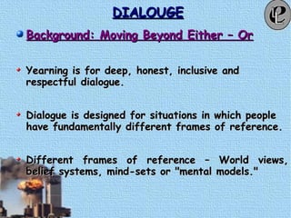 DIALOUGEDIALOUGE
Background: Moving Beyond Either – OrBackground: Moving Beyond Either – Or
Yearning is for deep, honest, inclusive andYearning is for deep, honest, inclusive and
respectful dialogue.respectful dialogue.
Dialogue is designed for situations in which peopleDialogue is designed for situations in which people
have fundamentally different frames of reference.have fundamentally different frames of reference.
Different frames of reference – World views,Different frames of reference – World views,
belief systems, mind-sets or "mental models."belief systems, mind-sets or "mental models."
 