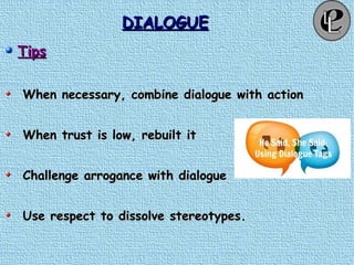 DIALOGUEDIALOGUE
TipsTips
When necessary, combine dialogue with actionWhen necessary, combine dialogue with action
When trust is low, rebuilt itWhen trust is low, rebuilt it
Challenge arrogance with dialogueChallenge arrogance with dialogue
Use respect to dissolve stereotypes.Use respect to dissolve stereotypes.
 