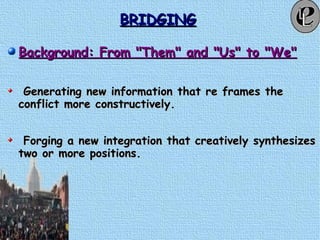 BRIDGINGBRIDGING
Background: From "Them" and "Us" to "We"Background: From "Them" and "Us" to "We"
Generating new information that re frames theGenerating new information that re frames the
conflict more constructively.conflict more constructively.
Forging a new integration that creatively synthesizesForging a new integration that creatively synthesizes
two or more positions.two or more positions.
 